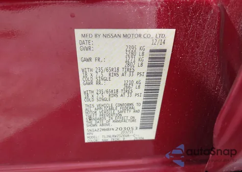 2015 Nissan Murano Sl from USA, damaged, VIN 5N1AZ2MH8FN203053